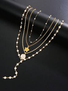 Bộ 4 dây chuyền dài hình chữ Y kiểu Bohemian Châu Âu & Mỹ đính ngọc trai giả và vỏ sò, thích hợp cho phụ nữ đi nghỉ mát mùa hè, dự tiệc và đeo hàng ngày. - Vàng - Xem 3