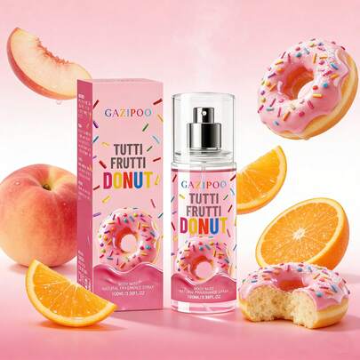100毫升水果甜甜圈香氛喷雾，不含酒精，持久留香，清新淡雅，适合女性使用，可用于汽车、卧室、房间等场所。甜美多汁的香气，融合了桃子、橙子和柑橘的香调。推荐作为日常、工作、聚会、情人节、生日、节日礼物，适合送给女朋友、闺蜜、妈妈等。