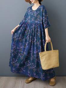 Đầm maxi phong cách Bohemian giản dị cho kỳ nghỉ, đầm dài dáng chữ A màu xanh hoa cổ điển cỡ lớn mùa xuân/hè 2026, cổ tròn, tay ngắn kiểu cánh dơi, vải dệt không co giãn, có lớp lót, kiểu dáng thanh lịch. - Màu xanh lam - Xem 2
