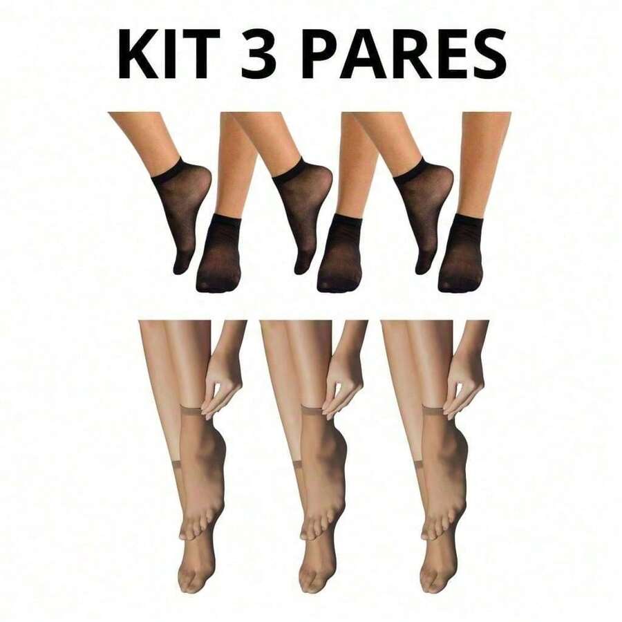 Kit 3 Meias Soquete DeMillus Dantelle Fio 15 – Invisível Confortável - 2x Bege e 1x Preto - Visão 1