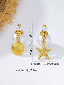 1 Pair Asymmetric Four-Leaf Clover, Pentagram, Pearl, Seashell Pendant Earrings, Fashion Design Adjustable Earrings, Summer Beach Style Jewelry Gift For Women - Yellow Gold - View 2