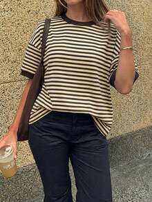 Vaiaye Women's Loose Round Neck Casual T-Shirt, Striped Patchwork Minimalist Fitted Contrast Color Short Sleeve T-Shirt, Suitable For Daily Wear, Work Commute, And Home Summer - Brown - View 6