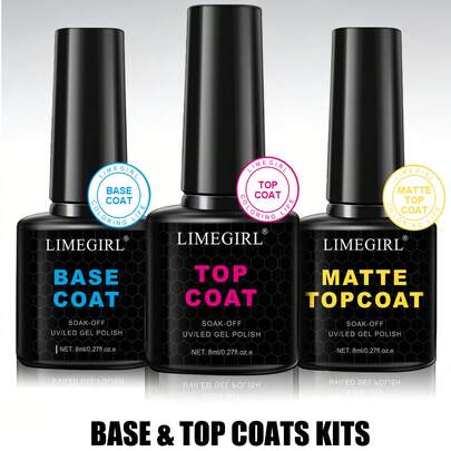 LIMEGIRL Set de 3 esmaltes de uñas de gel, capa superior de gel sin necesidad de limpiar y capa base mate, esmalte de uñas de gel UV LED que se retira con remojo, apto para manicura en casa y salón, kit de gel de uñas de larga duración y transparente