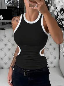 ChicMe Áo tank top nữ không tay cổ tròn, ôm sát, co giãn, viền tương phản, phong cách đường phố thường ngày, màu đen. - màu đen - Xem 1