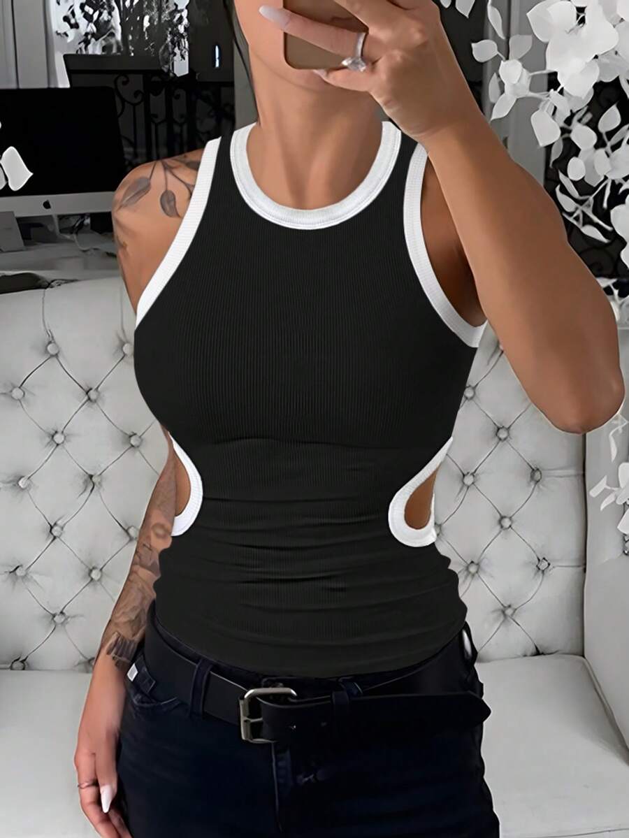 ChicMe Áo tank top nữ không tay cổ tròn, ôm sát, co giãn, viền tương phản, phong cách đường phố thường ngày, màu đen. - màu đen - Xem 1