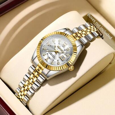1 chiếc đồng hồ đeo tay nữ thời trang thường ngày, mặt số La Mã đính kim cương, máy quartz, không kèm hộp đựng.