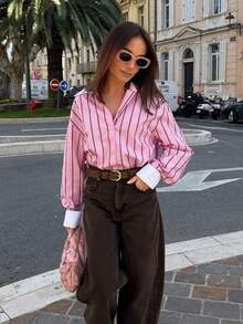 Women's Fashion Striped Collared Long Sleeve Shirt Pink Spring - Pink - View 3