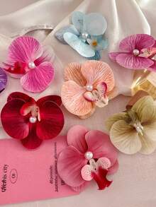 1/3pcs Artificial Spring/Summer Decorative Flowers (With Hair Clips), Faux Orchid Flower Headband With Pearl Decor, Suitable For DIY Crafts, Weddings, Desktop Decor Accessories, Corsages, Handmade Wedding Decorations, All Seasons - Multicolor - View 3