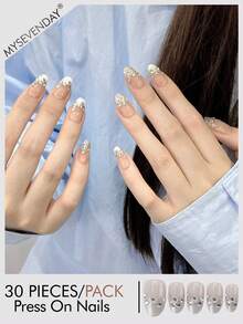 30片装按压式假指甲，短椭圆形/优雅裸粉色闪光钻石椭圆形按压式指甲，奢华富家女风格/适合日常通勤、聚会和休闲穿着。 - 彩色 - 查看 2
