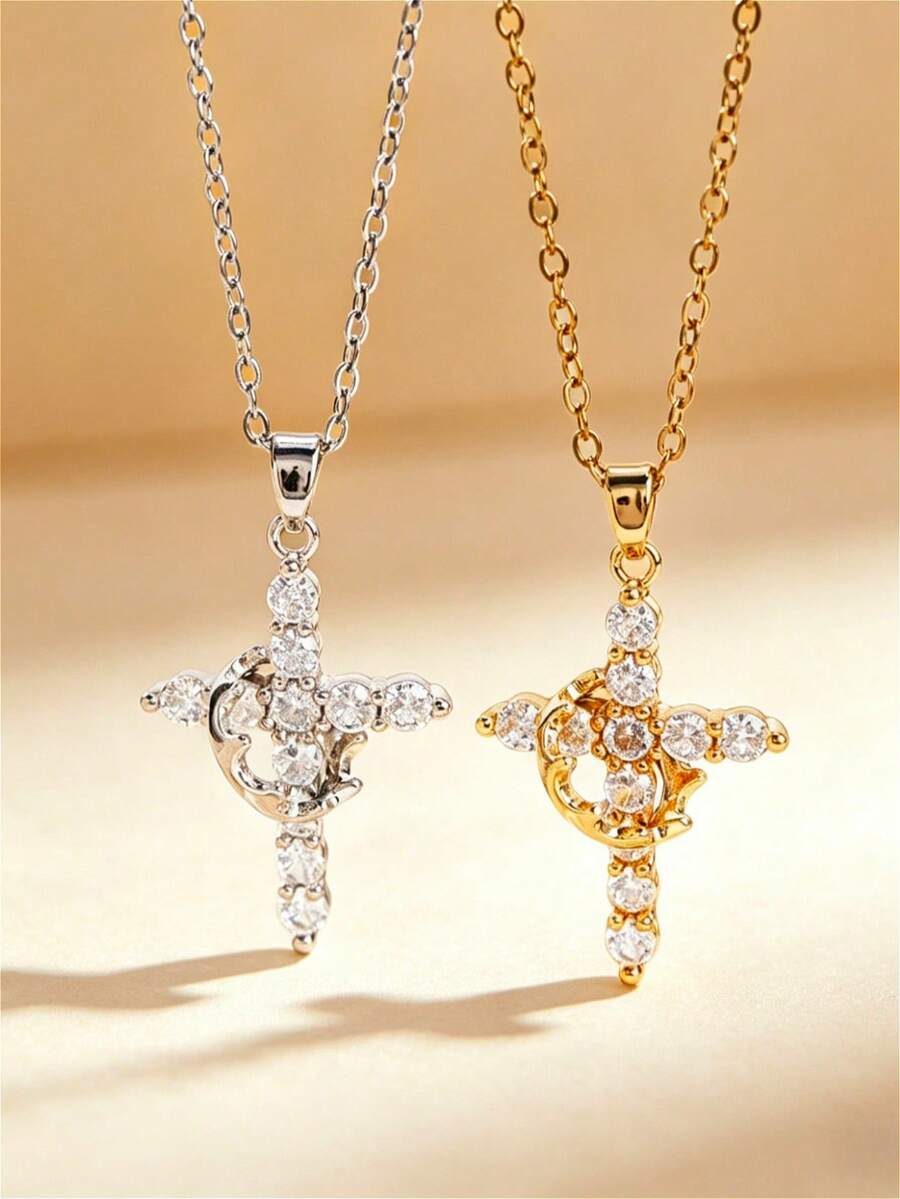 1 chiếc vòng cổ tối giản dành cho tuổi teen với mặt dây chuyền hình vương miện và thánh giá, chi tiết pha lê lấp lánh, trang sức tôn giáo, thích hợp để đeo hàng ngày, làm quà tặng Giáng sinh hoặc các dịp đặc biệt. - Nhiều màu - Xem 1