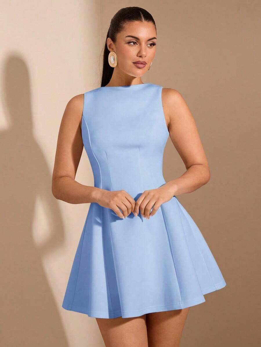 Vestido elegante de unicolor sin mangas con dobladillo con volantes y cintura elástica para citas en otoño para mujer - Celeste - Ver 1