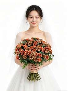 1朵人造玫瑰花，路邊玫瑰，適用於家居、派對、婚禮裝飾、DIY、新娘花束、戶外花園裝飾、情人節裝飾、禮物 - 橘色 - 查看 7