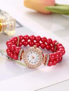 New Pearl Beaded Bracelet Watch, Minimalist Casual Versatile Wrist Watch For Girl And Girl Students - Red - View 4