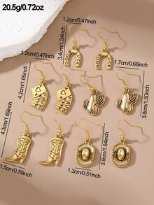 NAIZHU 10pcs Set Fashionable Metallic Western Cowboy Style Earrings Set, Hat & Boot Elements, Everyday & Party Accessories For Girls - Gold - View 8