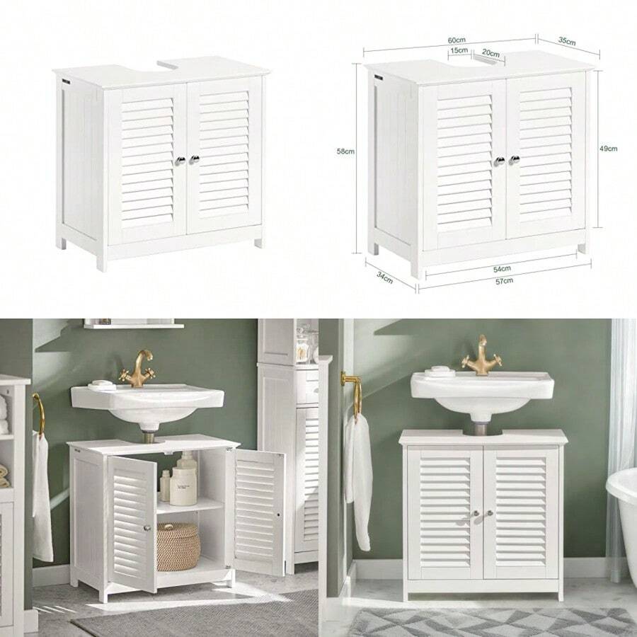 SoBuy Gabinete para Baño Mueble para Baño Organizador Armario Baño con Estantes Ajustables Muebles para Lavabo con Puerta Anti-Moho FRG237-W - Blanco Drenaje de Pared - Ver 1