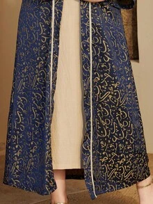 Áo khoác Jacquard thêu với váy lót, váy kiểu Ả Rập thanh lịch, áo cardigan maxi cổ chữ V viền ruy băng vàng JALABIA với tay áo xếp nếp, kiểu dáng truyền thống Ramadan mới năm 2026. - Màu xanh hải quân - Xem 5