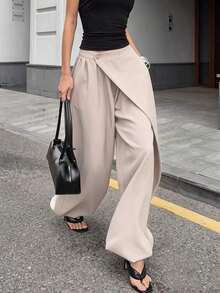 Women's High Waist Wide Leg Pants, Gothic/Japanesque Style, Loose Asymmetrical Cut, Casual Street Fashion, Solid Color Woven Fabric, Button Closure, Suitable For School, Office, Daily Wear, Airport, Spring/Summer Black - 黑色 - 查看 8