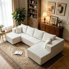 132'' U-Shape Modular Cloud Corduroy Sofa - Modern And Suitable For Living Room, Comfortable,Living Room Combination Sofa,No Assembly Needed,Popular Boneless Sectional Couch Loveseat Couch Vacuum-Sealed Compression Sofa - trắng - Xem 3