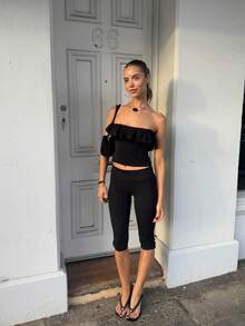 Women's Side Slit Fold Over Capri Leggings Y2K Low Rise Flared Pants Stretch Lounge Yoga Athletic Cropped Pants Bell Bottoms - 黑色 - 查看 3