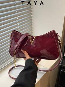 Y2K Burgundy PU Leather Shoulder Bag, V-Shape Metal Decor Crossbody Bag, Fashionable Gold Chain Strap Handbag, Suitable For Girls, Perfect For Nightlife, Streetwear, Weddings - Burgundy - View 2
