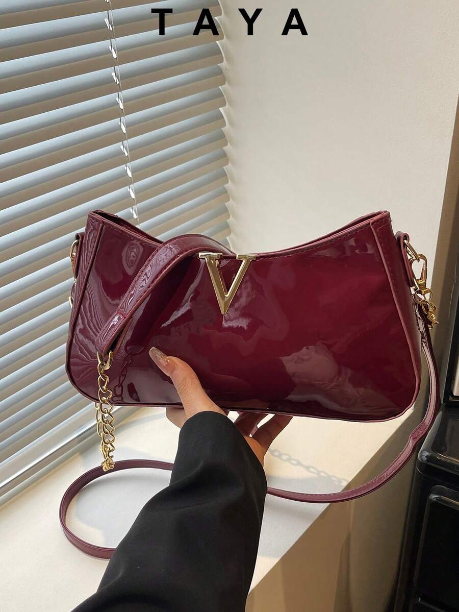 Y2K Burgundy PU Leather Shoulder Bag, V-Shape Metal Decor Crossbody Bag, Fashionable Gold Chain Strap Handbag, Suitable For Girls, Perfect For Nightlife, Streetwear, Weddings