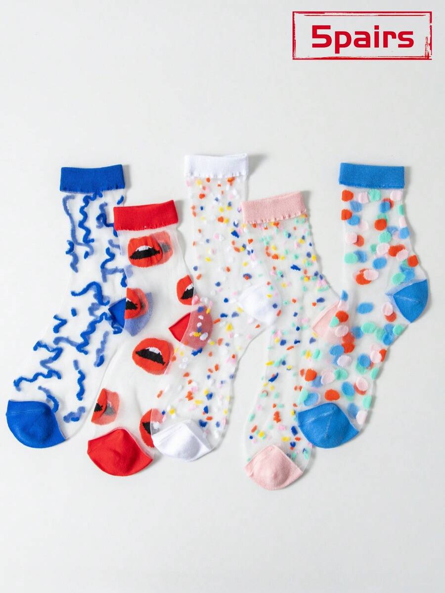 5 đôi tất nữ mỏng dài đến bắp chân, họa tiết chấm bi và lượn sóng, kiểu dáng thường ngày, đa năng, thích hợp cho mùa hè. - Nhiều màu - Xem 1
