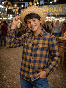 Unisex Flannel Plaid Shirt For Children, Long Sleeves, For June Festivals, Long-Sleeved Plaid Shirt - 芥末黃 - 查看 2