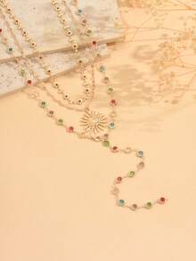 3pcs/Set Daily Elegant Style Necklace Set, Versatile Daisy Flower Handmade Chain With Metal Alloy Sun & Colorful Rhinestone Handmade Long Necklace, Suitable For Daily Wear, Outings, Photos, Dates, Gatherings, The Color Arrangement Of Colorful Rhinestones Is Random - Multicolor - View 3