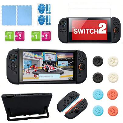 Tương thích với ốp bảo vệ Switch 2, bộ bảo vệ chống rơi NS Handheld bao gồm 2 miếng dán kính cường lực và 8 miếng bọc ngón tay cái hình ngôi sao - Bộ bảo vệ màu đen