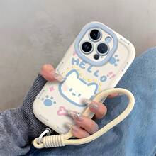 1 Ốp lưng điện thoại hình móng mèo Hello Cat kèm dây đeo cổ tay, chống sốc, bảo vệ ống kính, tương thích với iPhone 17/16/15/14/13/12 Pro Max, ốp lưng hoạt hình dễ thương, may mắn, thẩm mỹ dành cho nữ và nữ. - cổ trắng - Xem 2