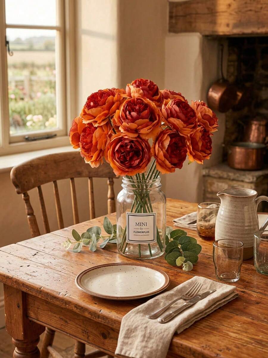 12/24pcs Artificial Peony Flowers With Stems, Suitable For Wedding Party Decor, Cake Decor, Home Living Room Dining Table Decor, Fake Plants, Autumn Decor, Room Decor, Tabletop Decor, Garden Decor, Etc. - Burnt Orange - View 1