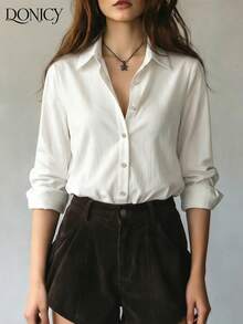 DONICY Women's Minimalist White Long Sleeve Shirt, Textured Fabric, Collared Button-Up Blouse, Suitable For Office And Casual Occasions - White - View 4