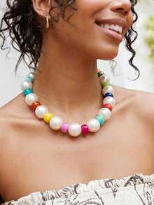 1 Peça Colar Feminino Colorido e Robusto, Colar de Joias de Resina Grande, Colar de Corrente Robusta de Moda Ousada, Acessório de Verão Estilo Boêmio - Multicolorido - Visão 3