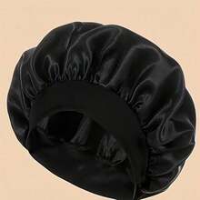 Gorro de dormir de satén con banda elástica suelta, ajuste cómodo, 85% fibra de poliéster 15% elastano, sin fragancia, accesorio de cuidado del cabello diario, gorro de dormir elegante | Textura de satén - A-negro - Ver 1