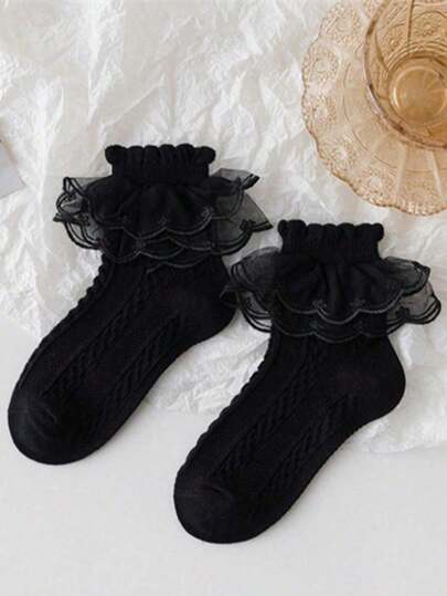 5双装 女童蕾丝装饰甜美风白色透气网眼短袜
