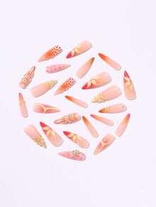 Y2K Style Peach Orange Block Summer Fruit Theme Press-On Nails. A Set Of 24 Long Pointed Press-On Nails, Featuring A Peach-Orange Gradient Base Color, Accented With 3D Water Droplets, Polka Dots, Plaid Patterns, And Metallic Floral Details. Perfectly Suited For A Sweet Yet Edgy Vacation Manicure, Ideal For Summer Outings, Parties, And Everyday Wear. Handmade Reusable Press-On Nails. - Multicolor - View 3