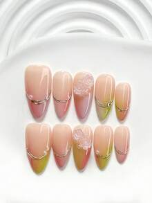 10pcs Minimalist Princess Style Handmade Nail Art Set, Including Gel Nail Kit, 3D Glitter Rose Nail Accessories, Hand-Painted Gold Edge Design, Bridal Nail Kit, With Nail Tools (1 Jelly Sticker + 1 Nail File), Available In 3 Sizes: Square, Short Square, Almond, Suitable For Parties, Daily Wear, Events, Photo Shoots, Spring/Summer Commute, Best Gift For Ladies - 彩色 - 查看 13