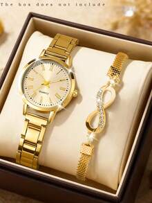 Set de 2 piezas Reloj de mujer con esfera de números romanos y pulsera con letra LOVE, de aleación metálica, de moda y casual, adecuado para uso diario o como regalo para vacaciones - Dorado - Ver 20