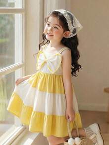 Young Girls' Fashion Dual-Color Patchwork Bowknot Decor Sleeveless Layered Cake Dress, Casual A-Line Sundress Suitable For Beach Vacation - Yellow - View 1