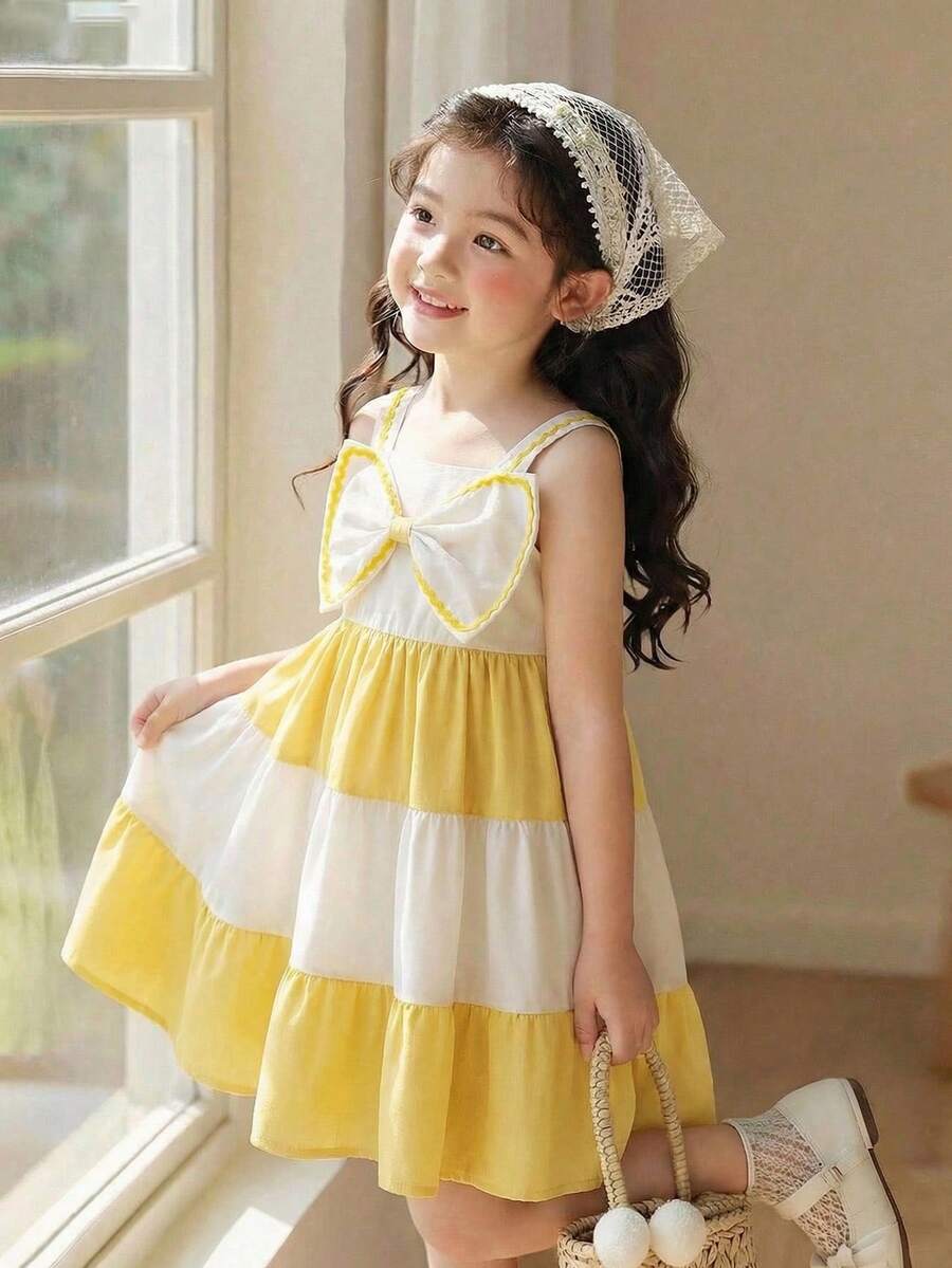 Young Girls' Fashion Dual-Color Patchwork Bowknot Decor Sleeveless Layered Cake Dress, Casual A-Line Sundress Suitable For Beach Vacation - Yellow - View 1