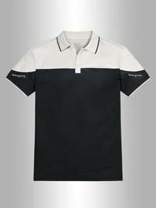 1pc Men's Summer Colorblock Patchwork Short Sleeve POLO Shirt With Embroidery, Suitable For Daily Casual, Golf, Business Commute - Black - View 3