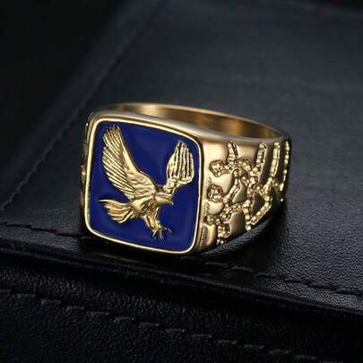 1 pieza Anillo con emblema de águila chapado en oro vintage, anillo cuadrado de acero inoxidable con esmalte azul, accesorio de moda punk de motocicleta, uso diario, regalo para el novio en el Día de San Valentín