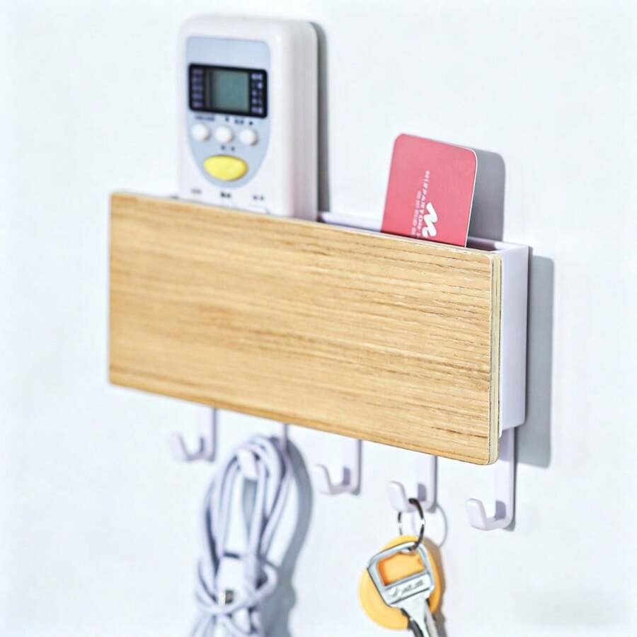 1 Piece Solid Wood Wall-Mounted Storage Box With Hooks, Remote Control Holder, Entrance Key Organizer - Multicolor - View 1