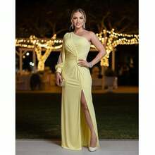 Long Dress With Sleeves, Suitable For Bridesmaids, Weddings, Graduations, And Light Parties. - 黃色 - 查看 2