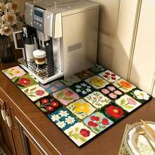 1 pièce, tapis de drainage à motif floral coloré et à carreaux, convient pour absorber l'eau sur les plans de travail dans les cafés, les éviers de cuisine, les machines à laver, etc. Design patchwork floral de style bohème, disponible en différentes tailles. - FULSD029 - Voir 19