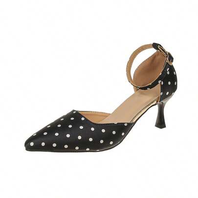 Women's Black Polka Dot Pointed Toe Satin Ankle Strap Stiletto High Heels, Elegant Satin Banquet Wedding Shoes, Polka Dot Fabric Hollow Out High Heel Sandals, Fashionable Spring/Summer