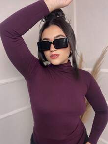 Women's Turtleneck Blouse With Long Sleeves And High Neck, Second-Skin Style, Basic Design. - Color caoba - Ver 2