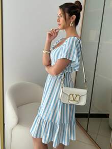 Women's Striped Short Dress With Puff Sleeves And Ruffles - Casual And Elegant Summer Fashion. Ruched Ruffle Hem - Baby Blue - View 4