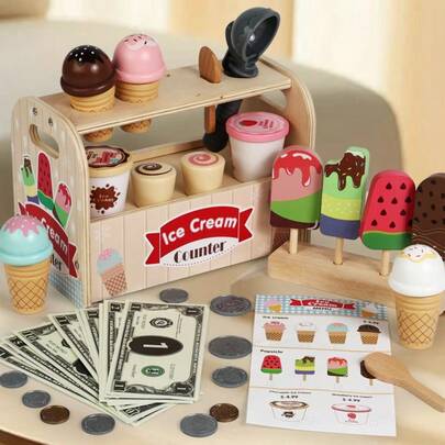 Wooden Pretend Play Ice Cream Stall Toy Set With Cashier, Includes Pink & Natural Wood Ice Cream Display And Cashier Counter, Play Money & Cutting Toys, Great Birthday, Christmas, Children's Day Gift For Toddlers