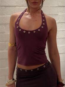 Women's O-Ring Studded Y2k Halter Neck Crop Tank Tops Slim Fit Scoop Neck Rivet Metal Eyelet Backless Sleeveless Vest Summer Y2K Streetwear Gothic Punk Clothes Rave Costumes Party Clubwear - 酒紅色 - 查看 1